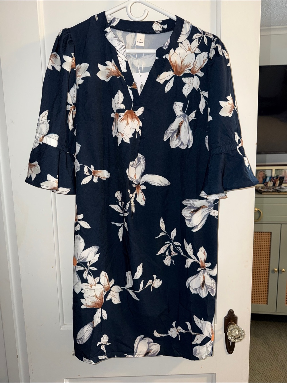 Women's Navy Floral Midi Dress with V-Neck and Flutter Sleeves